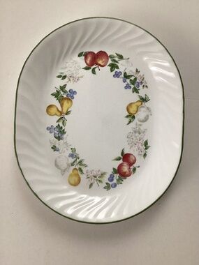 Corelle Chutney Oval Serving Platter Green Edge Swirl 12” X 10” Floral Fruit EC